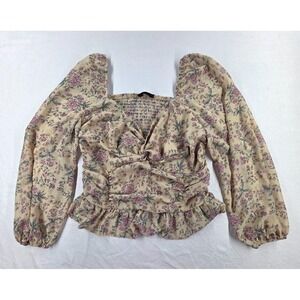 Shein Womens Floral Blouse with Long Puff Sleeves Sweetheart Neck Boho Y2K  Crop